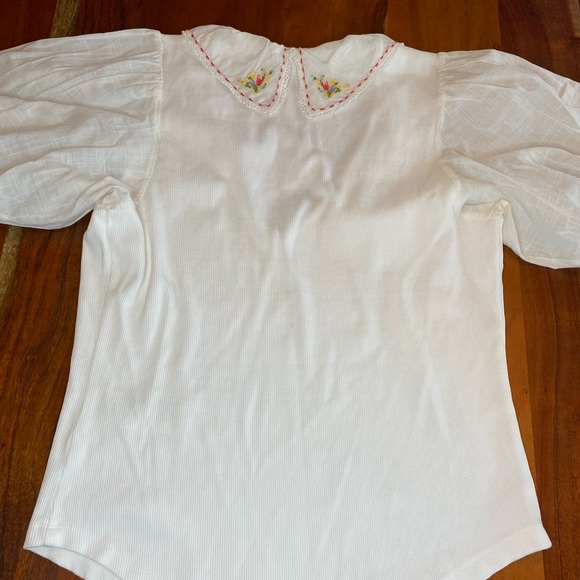 Anthropologie White Puff Sleeve Top Embroidered Woven Cotton Collar Size L - Picture 3 of 7